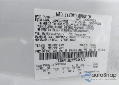 2010 Ford Focus S из США, поврежденный, VIN 1FAHP3EN2AW266175